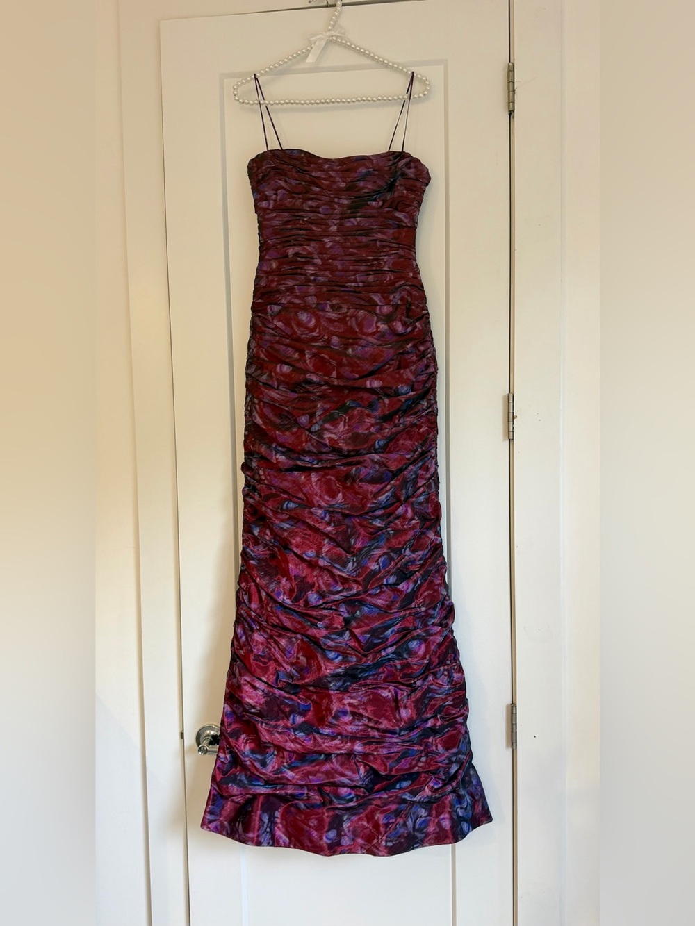 Teri Jon Strapless Ruched Dress in Burgundy and Purple Tones
